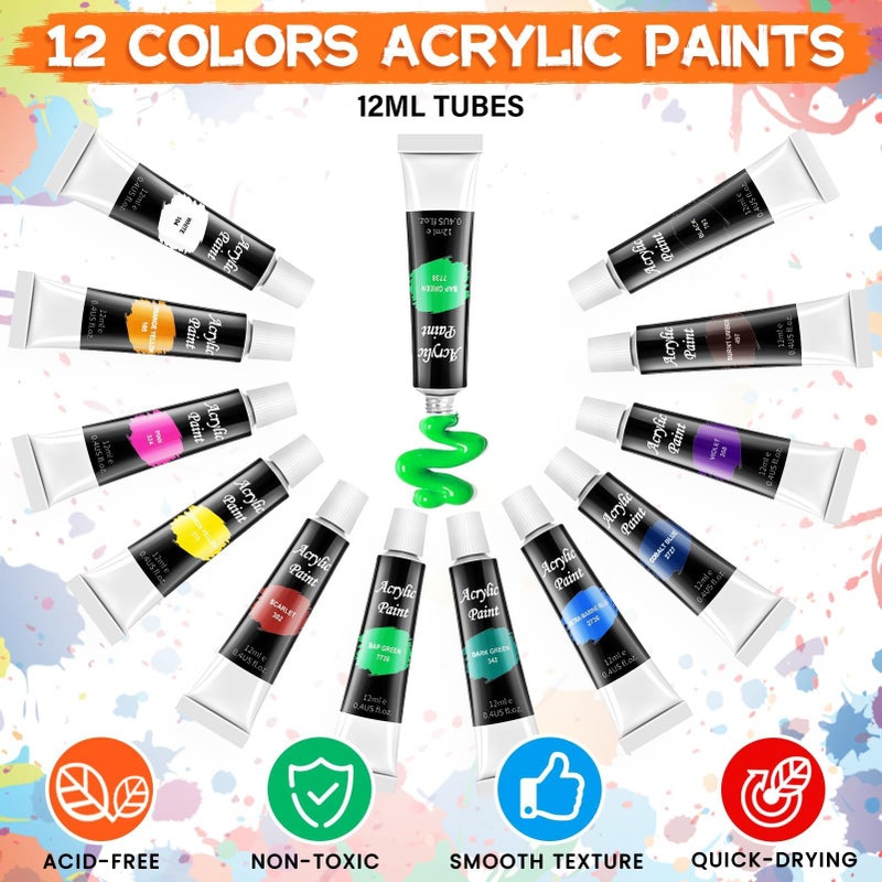 POPYOLA Acrylic Paint Set for Kids  Non Toxic Kids Painting Set with Tabletop Easel  Acrylic Paints  Smock  Canvases  Wooden Stencils  Brushes  Painting Kit Gift for Beginner Student Toddlers - Image 4